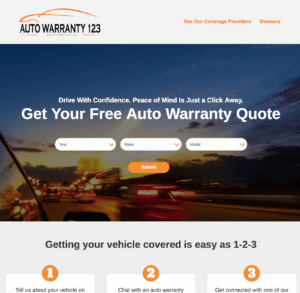 Website home page for AutoWarranty123.com